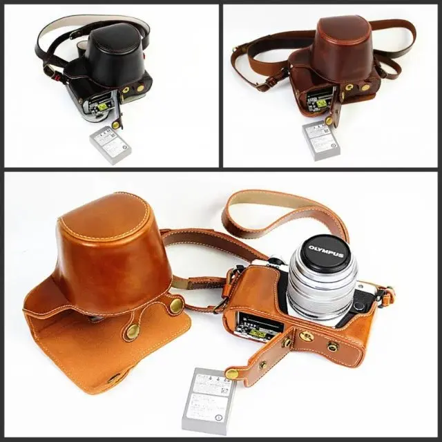 Pu Leather Camera Case Sacchetto Della Copertura Del Sacchetto Per Olympus Om-D Omd Em10 Ii-M10 Markii (14-42Mm Lens) Con La Batteria Fondo Apribile