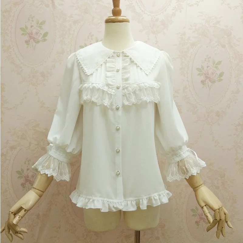 

Peter Pan Collar Ruffle Sleeve Lolita Ladies Tops And Blouses 2019 Gothic Victorian Shirt Vintage Tunique Femme Camisa Mujer