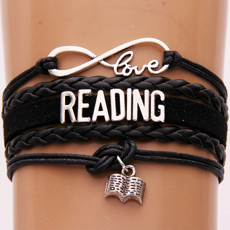 (10pcs/lot) Infinity Love READING Bracelet Book Charm Black Leather