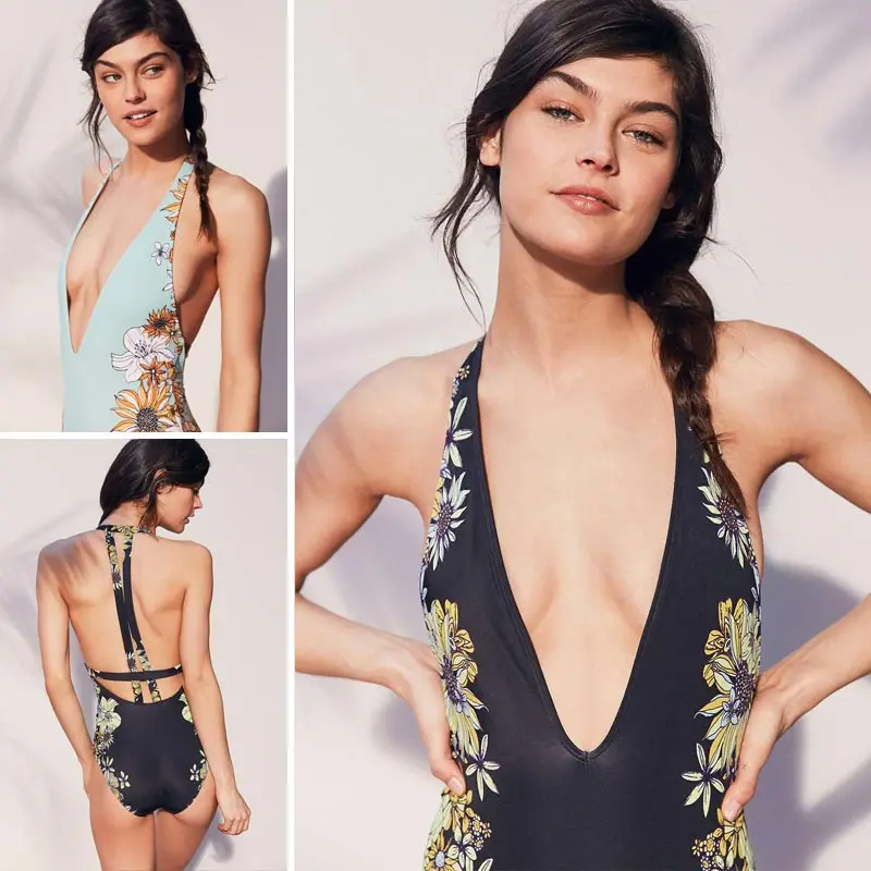 M&M Sexy Plunging Neck Flouncing High Cut Trikini Push Up Monokini