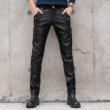 

Black Spliced Leather Autumn Winter Trousers Pants Men High Quality Windproof Stretch Motorcycle Tactical Skinny Pants Male
