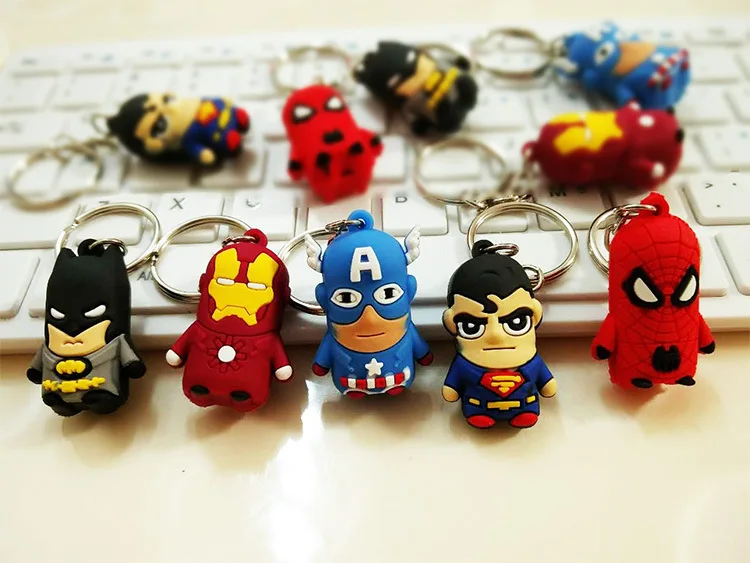 

24pcs/lot 3D Silicone Superman Hero Cartoon Doll Key Ring Chains Bag Ornament Hanging Kids Boy Birthday Party Favors Gift