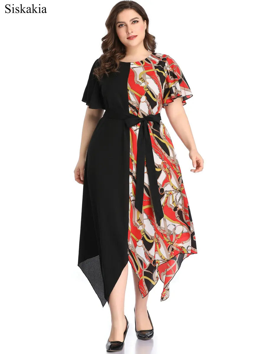 Siskakia 2019 New Contrast Color Patchwork Asymmetrical Dress Ladies Fashion Plus Size Sashes Women Dresses O Neck Short Sleeve (1)