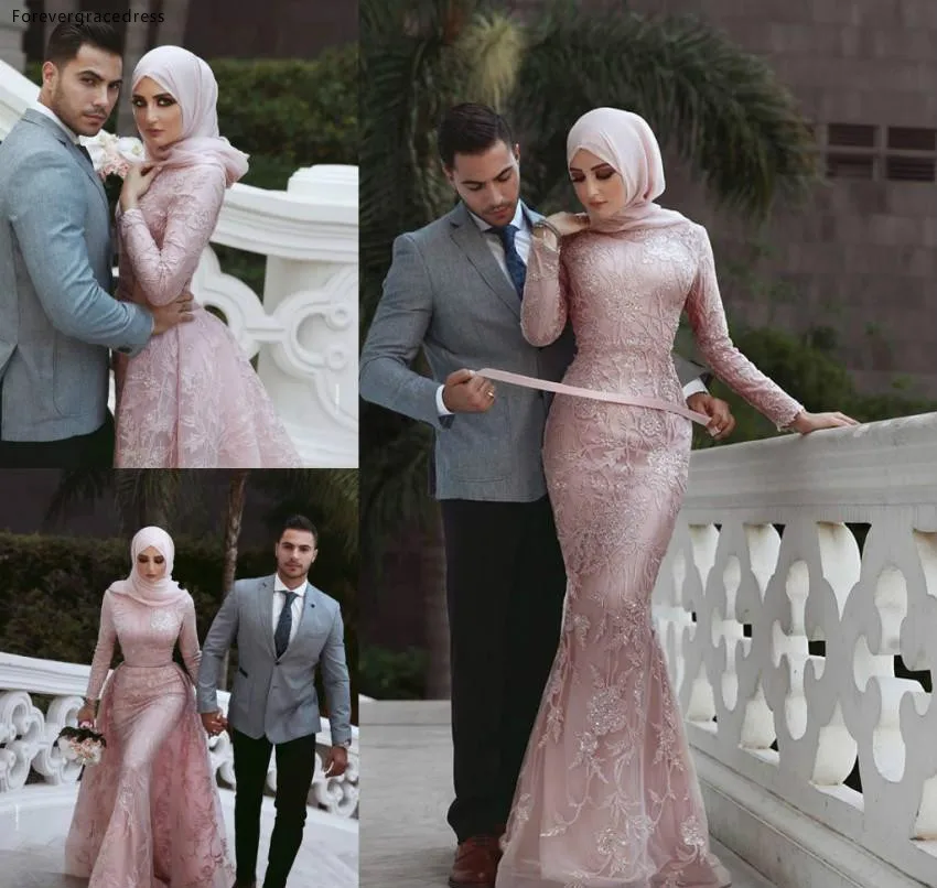 

Pink Mermaid Wedding Dress Arabic Dubai Muslim Appliques Long Sleeves Garden Country Bride Bridal Gown Custom Made Plus Size