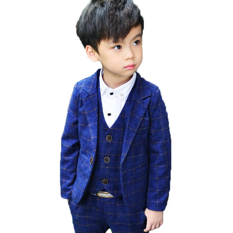 

Children Formal Wedding Clothing Sets Flower Boys Plaid Blazer vets pants 3pcs Suits Sets Kids Gentleman Tuxedos Party Clothes