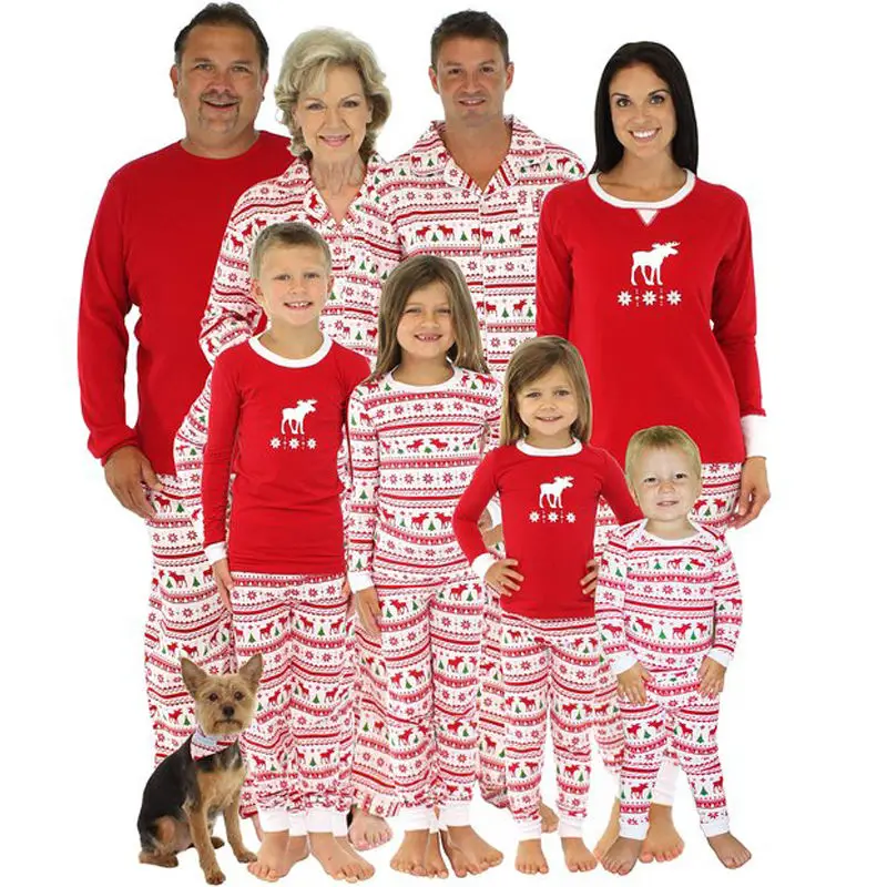 8 стилей, Зимние Теплые Семейные комплекты рождественских пижам с принтом Красного оленя и елки, одежда для сна для детей и мужчин