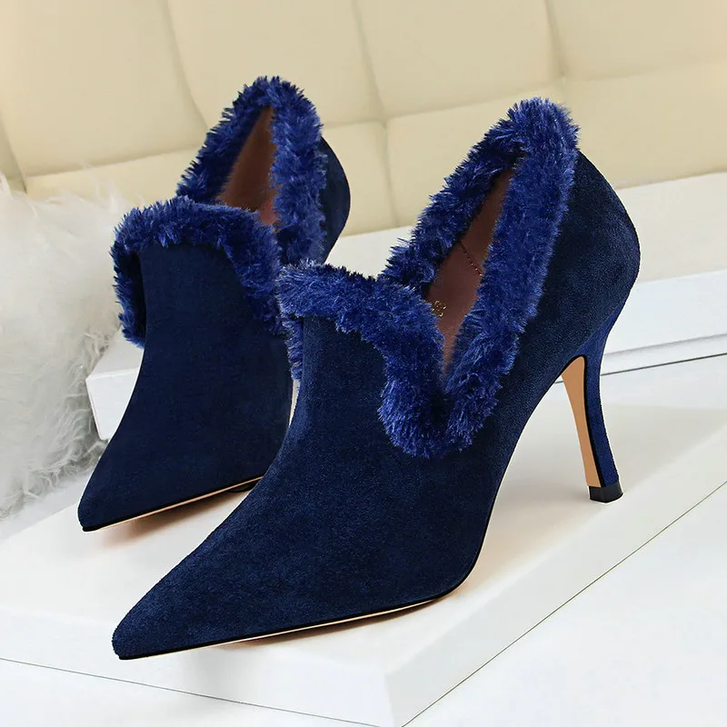 Women's Sexy Pointed Toe Flock High Heels Blue Display