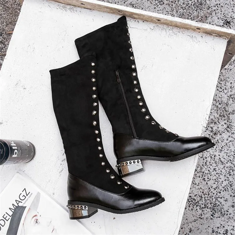 New Knee High Ridding Boots For Women Fashion Round Toe Side Zipper Flat Women High Boots Lady Casual Vintage Winter Boots Black (10)