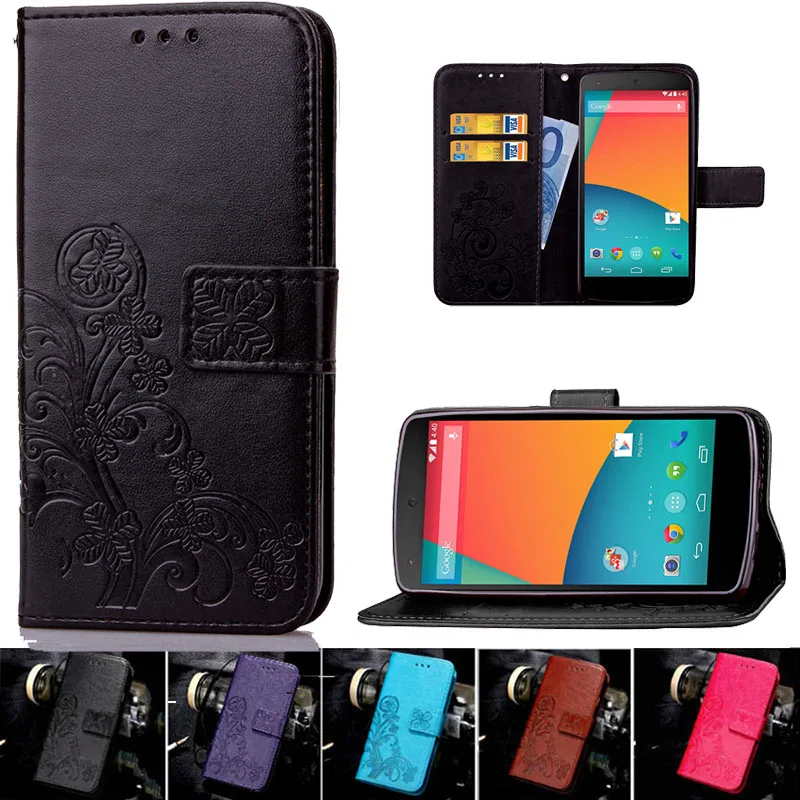 

For Google LG Nexus 5 Case Cover Flip Wallet Case Four Leaf Clover Pattern Cell PU Leather Phone Bags For Nexus 5 Fundas Coque