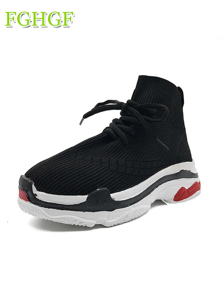 

2018 High Top Fashion Sneakers Women Breathable Knit Upper Platform Shoes Tenis Feminino Casual Shoes Women Black/Red