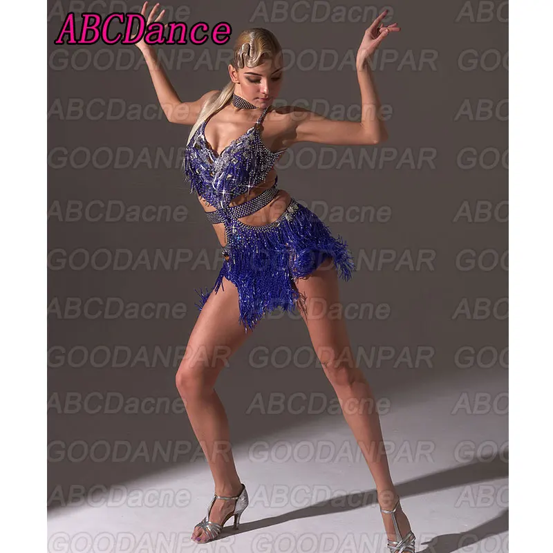 Конкурс латиноамериканских танцев платье Синий бальное платье для танцев с Бусины из стекла и сексуальным вырезом на спине и Румба ча-ча Foxtr Танцы платье
