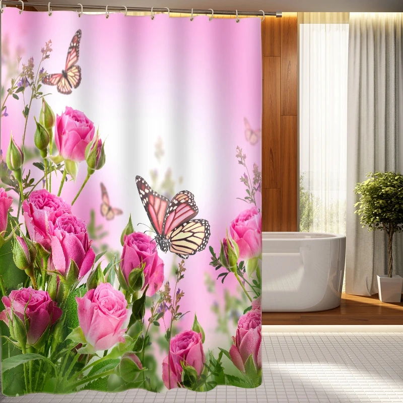 

New 3D Shower Curtains Red Flowers & Butterflies Pattern Waterproof Fabric Bathroom Curtains Washable Bathroom Products +12 Hook