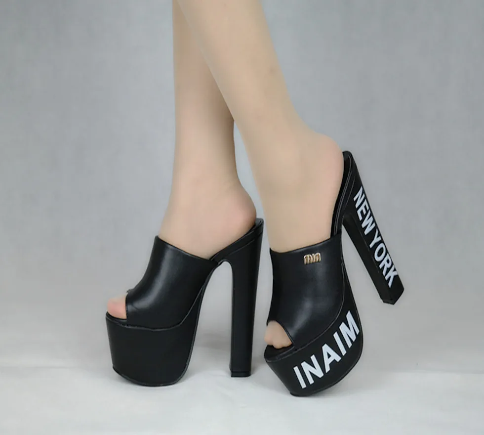 Женские тапочки Модный черный открытый носок босоножки толстый каблук шлёпанцы для женщин женская обувь летние туфли на высоком каблуке 15 см; сандалии на платформе, женские