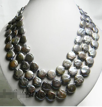

FREE shipping>>>>48'' 13MM new dark gray Coin Freshwater Pearl Necklaces