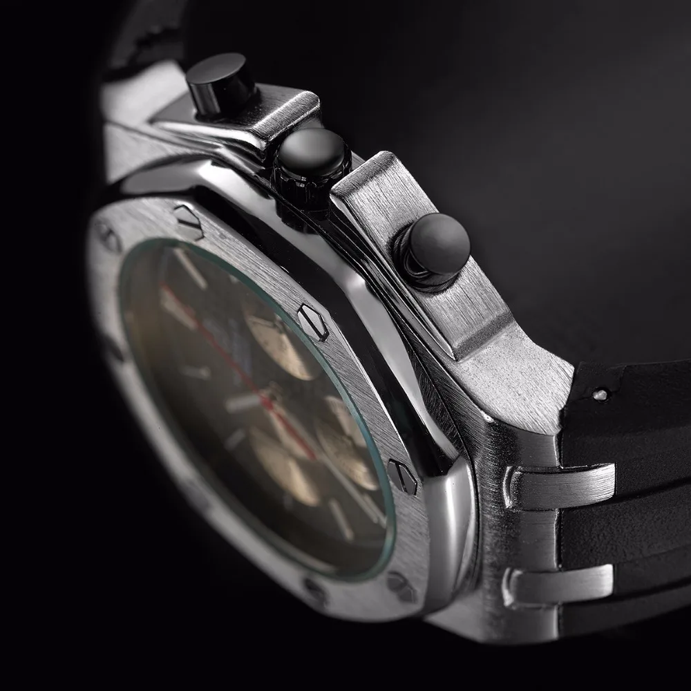 Брендовые новые мужские часы, кварцевые часы, серебристый резиновый ремешок, водостойкий хронограф 3ATM, Мужские кварцевые наручные часы