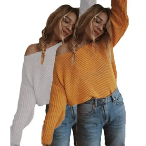 

New 2017 Autumn Winter Women Off Shoulder Long Sleeve Pullover Sweater Ladies Loose Crop Sweaters Top