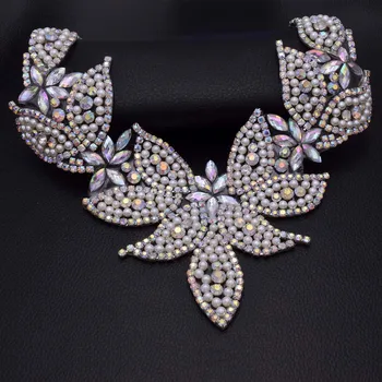 

DIY 2pcs Very Luxury Pearl Decoration AB color Rhinestone Iron on Strass Neckline Hot fix Appliques for Bridal dress patches