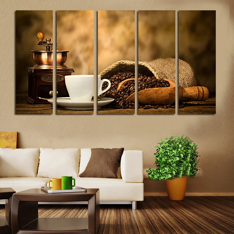 

5 Panel Modern Art Canvas Print Caffe Beans Machine Cup Coffee Drink Wall Painting Old Times Room Office Decor interior No Frame