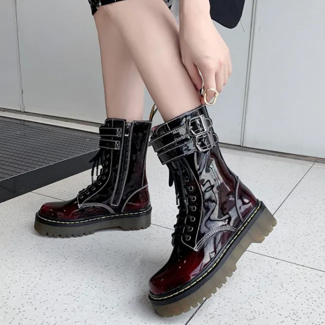 

PXELENA Vintage Chunky Thick Platform Martin Boots Women Genuine Leather Lace Up Buckle Knight Motorcycle Military Combat Shoes