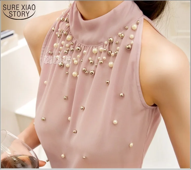 

2017 New Women Beading Chiffon Blouse Korean Fashion Sleeveless Women Turtleneck Chiffon Blouse Shirt Women Top S M L XL835I 42