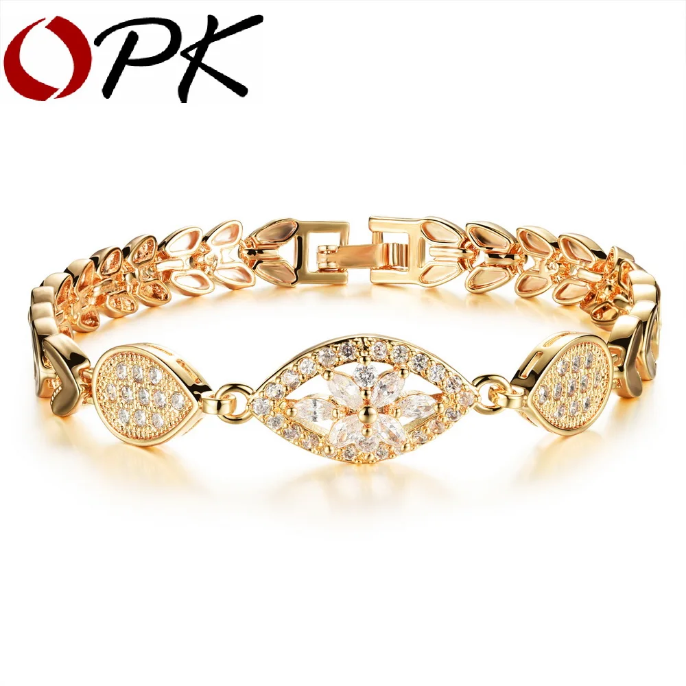 OPK Luxury Gold Color Chain Link Bracelet for Women Ladies Shining AAA