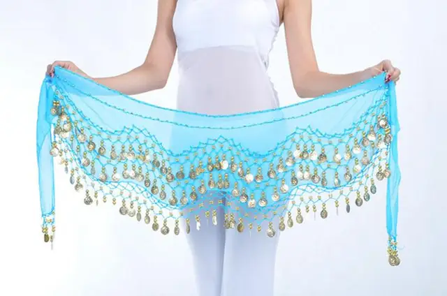 1 piece 3 Rows 128 Gold Coins Belly Dance Costume Hip Scarf Skirt Belt Wrap Waist New Brand sky blue