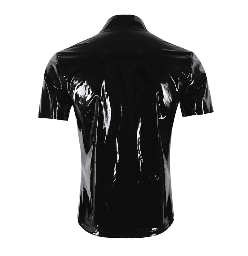 2019 Men's Sexy Faux Leather Pole Dancing Uniform Black Shiny Patent Leather PVC Latex Top with Zipper DS Nightclub Punk Uniform (1)