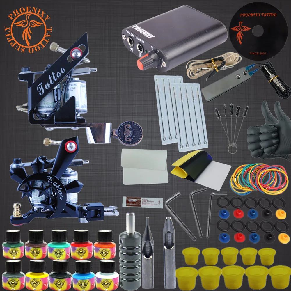 

Completed Tattoo Kit 2 Tattoo Machines Set 10 Colors Tattoo Ink Sets MINI Power Box Needles Tip Permanent Make Up Tattoo Set