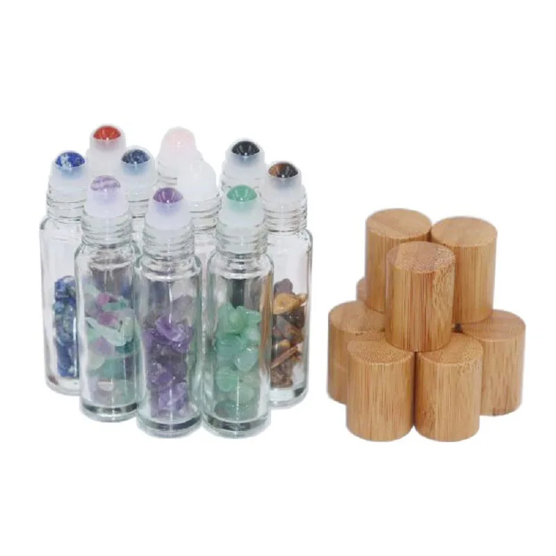 10ml Natural Gemstone Glass Roller Bottles Essential Oil Jade Roller Bottles Bamboo Cover 10pcs/lot P224 - Цвет: with crystal