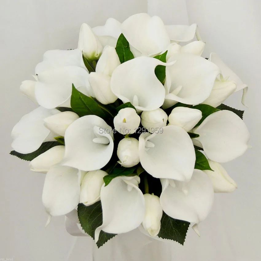 25cm 9 8 Diameter White Pu Tulip Calla Lily Green Leaves Decoration 25cm 9 8 Diameter White Pu Tulip Calla Lily Green Leaves Decoration Satin Ribbon Handle Wedding Bridal Flower Bouquet In Artificial Dried Flowers From