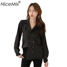 NiceMix 2019 Casual Loose Striped Blouse Women Vintage Office Blusas Women Tops Long Sleeve Blouse Femme double striped blouse