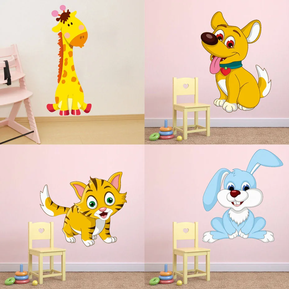 

Cartoon Cute Animal Dog Rabbit Tiger Giraffe Wall Stickers Nordic Style Kids Room Living Room Decor DIY Home Wall Decals Sticker
