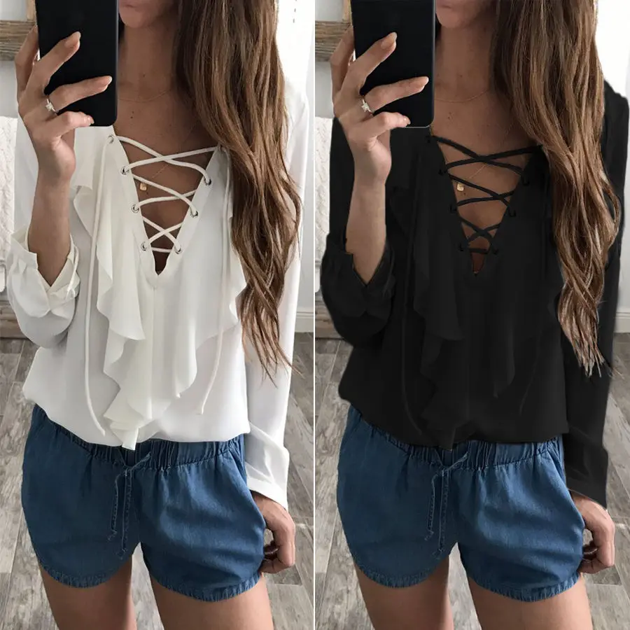 Sexy Top Women Chiffon Blouse 2018 Celmia Summer Autumn Lace Up V Neck Ruffles Long Sleeve Shirt Casual Plus Size Blusa Feminina |
