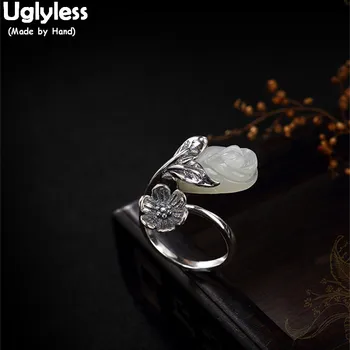 

Uglyless Real S 925 Sterling Silver Natural Jade Flower Rings Women Retro Engraved Plum Blossom Ring Handmade Dress Fine Jewelry