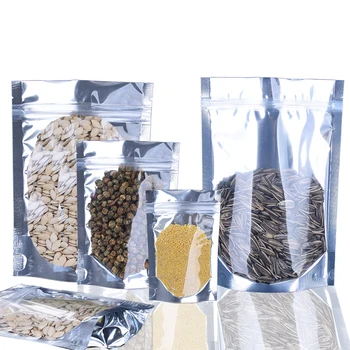 

Candy bag100pcs 7sizes half clear/ Silver Aluminum Foil Stand Up Zipper Lock Bag Self Seal Food Storage Packaging Pouch