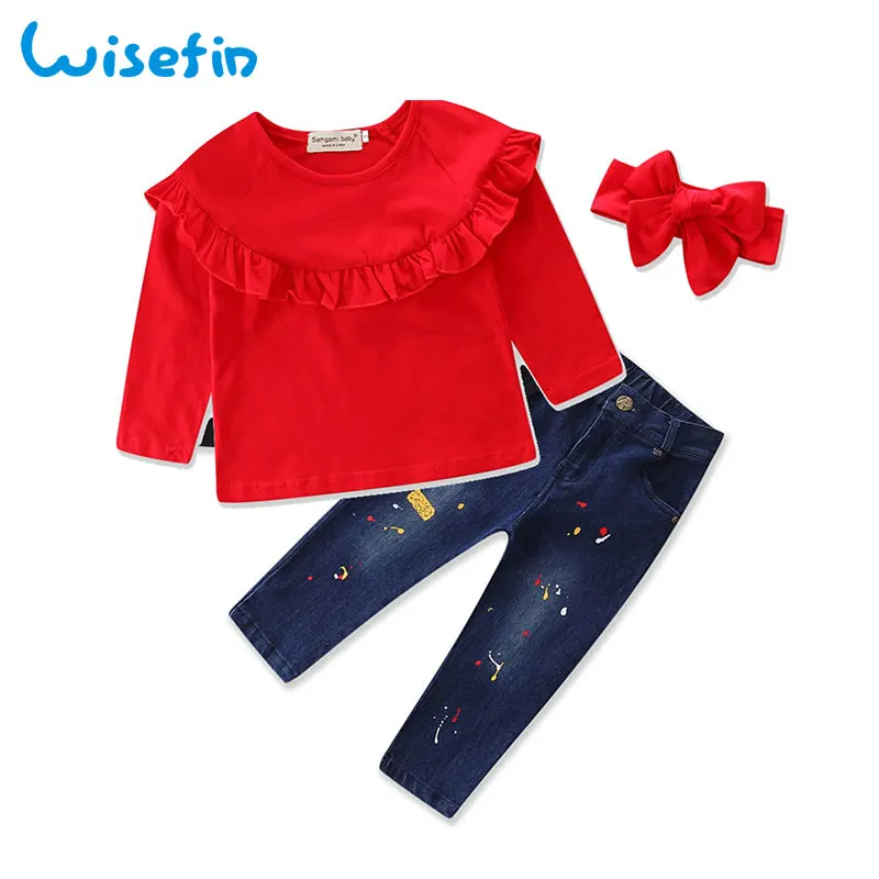 

Wisefin Toddler Girl Clothes With Headband Cute Red Children Girl Clothing Set Summer Half Sleeve Kids Outfit Jeans For Girl