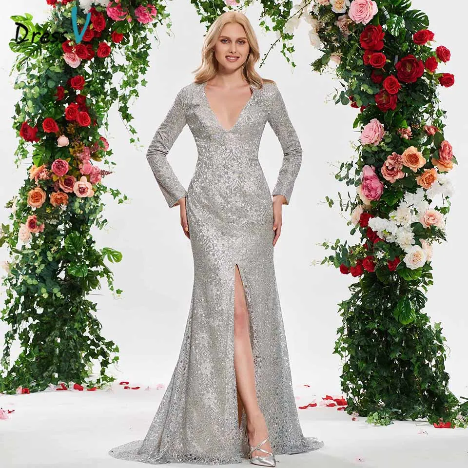 Dressv Elegant Mermaid Wedding Dress Sequins Split Front Sexy V Neck