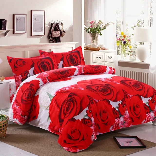 Luxury 3D Red Rose Bedding Set 4pcs Flowers Bed Linen Duvet Cover Set with Flat Sheet Pillowcase