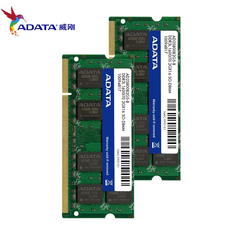 AData 4GB 2 шт. X2GB DDR3L 2 ГБ 2 г 1600 МГц 2RX8 PC3-12800 DDR3 Тетрадь Оперативная память SO-DIMM 1333 10600 2G 204-PIN