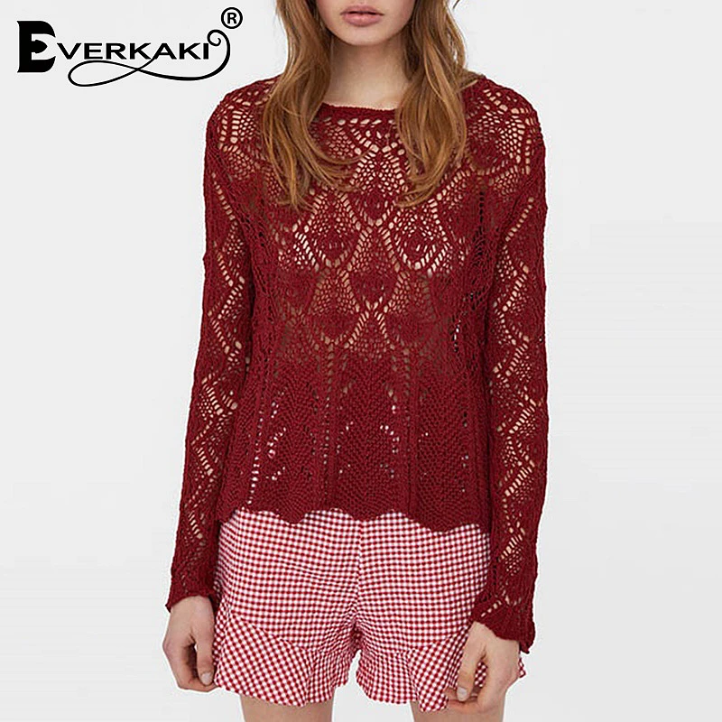 Everkaki Hollow Out Knitted Boho Sweaters Women See Through Pullovers Everkaki Hollow Out Knitted Boho Sweaters Women See Through Pullovers