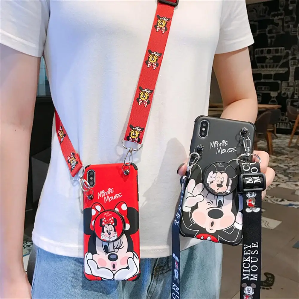 

For iphone 11 Pro Max Folding bracket mickey Minnie neck rope soft Mobile phone case for iPhone 6 6s 7 7plus 8 8plus X XR XS MAX