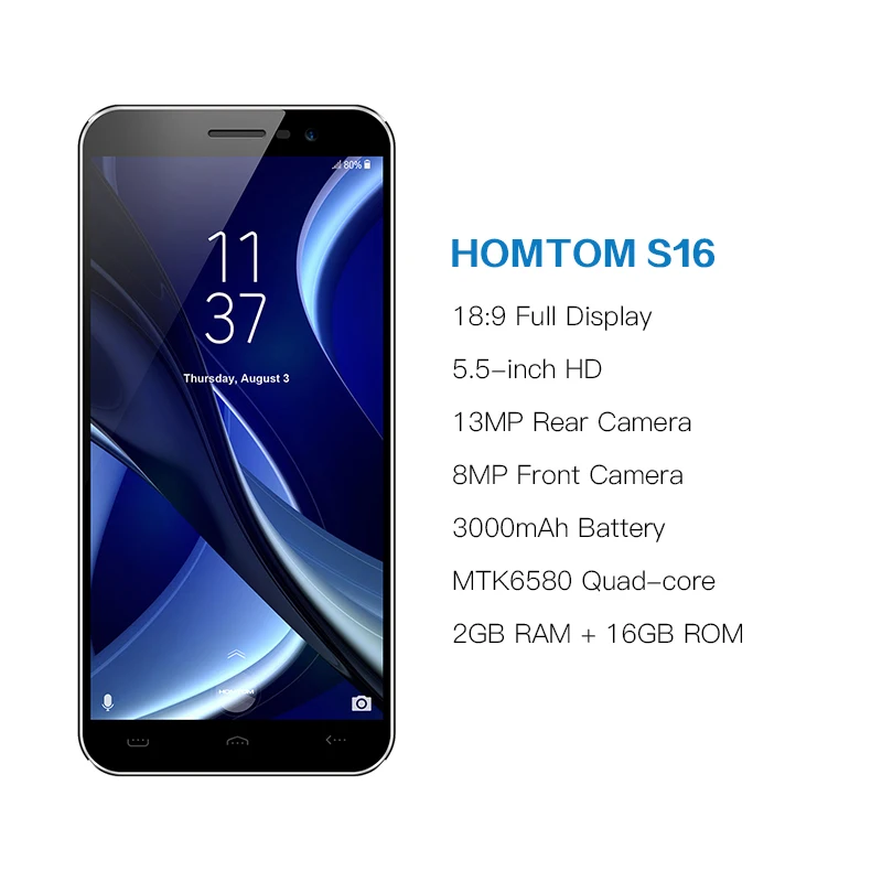 Global Version HOMTOM S16 Smartphone 5.5inch Cellular Cell Phone Quad Core 2GB RAM 16GB ROM Dual Camera Fingerprint Mobile Phone