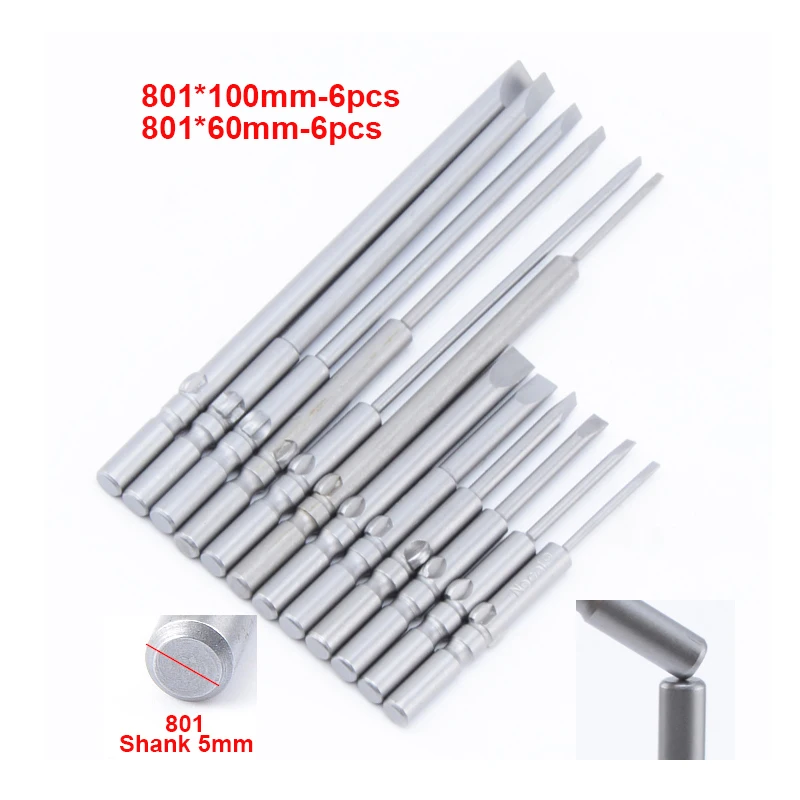 

6Pcs/set 801 5mm Round Shank Slotted Screwdrivers Bits 1.6mm-6mm S2 Alloy Steel Magnetic Flat Head Slotted Tip Tools