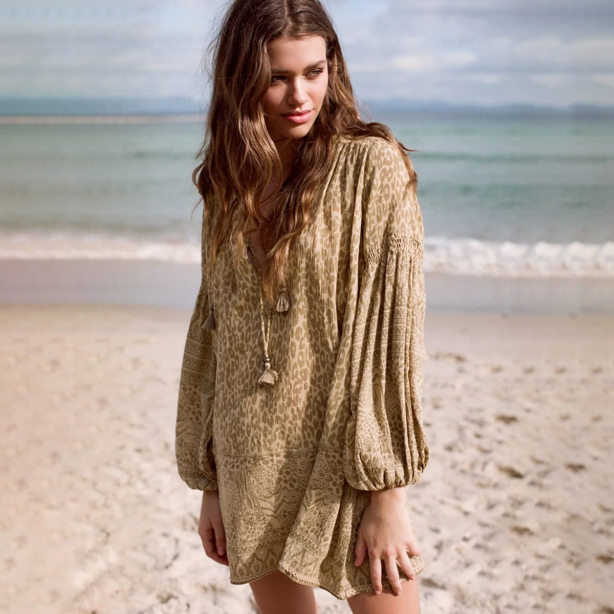 

Jastie Wild Thing Tunic Dress Leopard Print V-Neck Long Sleeve Dresses Summer Gypsy Mini Dress Beach Boho Dress Women vestidos