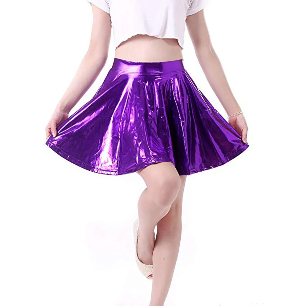 Сексуальные мини-юбки из искусственной кожи, мигающие цвета металлик, Женская эластичная плиссированная юбка с высокой талией, расклешенная юбка, модная летняя уличная одежда