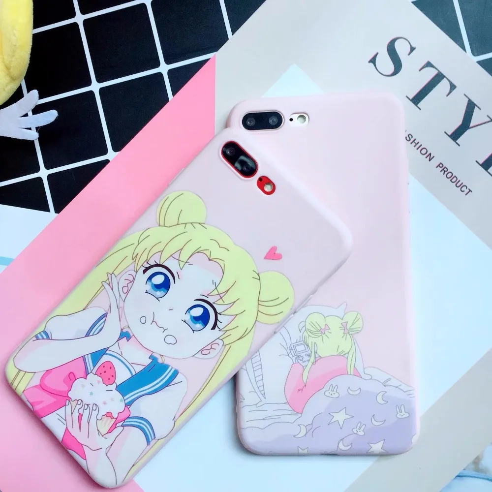

Pink Stylish Cartoon Sailor Moon 8PLUS Phone case Matte Soft TPU Back Full Cover For iPhoneXs max 6s 7plus Skin Shell Protection