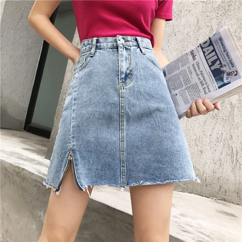 

Denim Skirt Women Harajuku Streetwear Cool Irregular Zipper High Waist Summer Skirt Jeans Pockets Blue Slim Chic Jean Skirt Mini