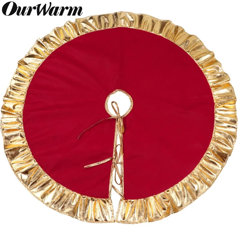 

OurWarm 90cm Red Christmas Tree Skirt Golden Edge Gold Ruffle Bow Cover Base Decoration Xmas Tree Cover Decor New Year's Product