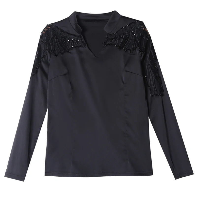 Черная футболка для женщин с v-образным вырезом и сетчатой аппликацией, Лоскутная кружевная вышивка с заклепками, бисероплетение, рубашка с длинными рукавами, топы для женщин, T96793 - Цвет: Black tshirt