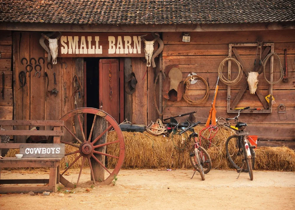 DePhoto маленький сарай Ковбойское колесо деревянная дверь Американский западный стиль фотографии фоны фотосессия фото фон украшения